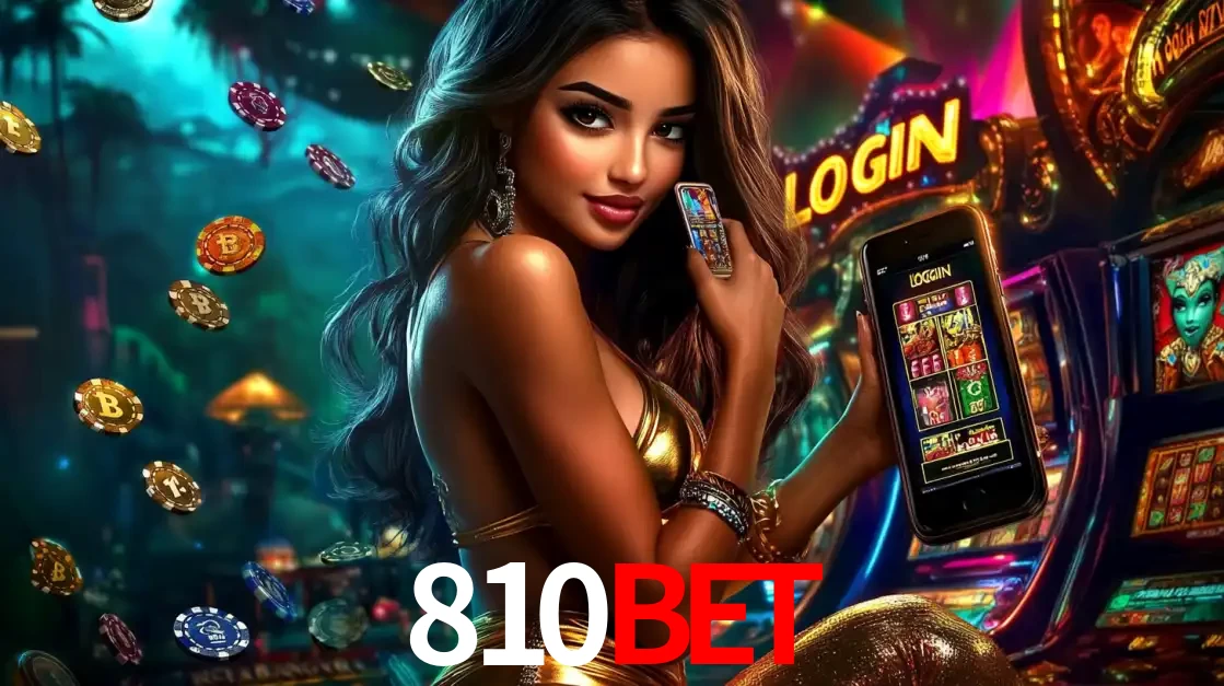 Mulher em um cenário de cassino temático de aventura, mostrando o app de caça-níqueis da 810bet no celular. Fichas de apostas flutuam ao redor.