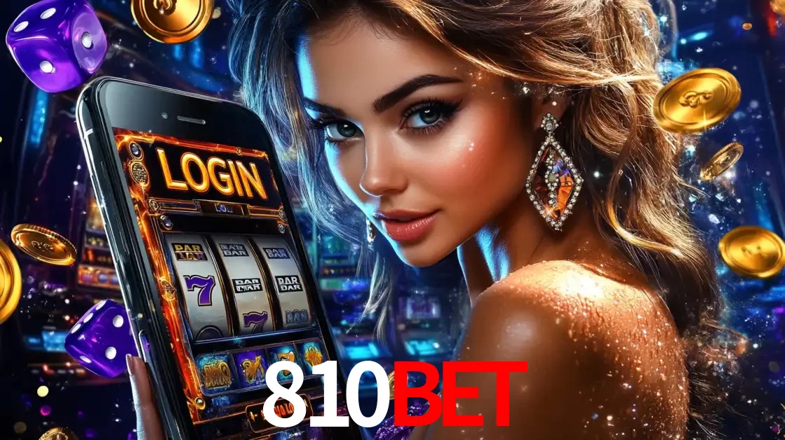 Mulher glamorosa segurando um smartphone com a tela de login para os jogos de caça-níqueis do cassino online 810bet, com moedas de ouro e dados ao redor.