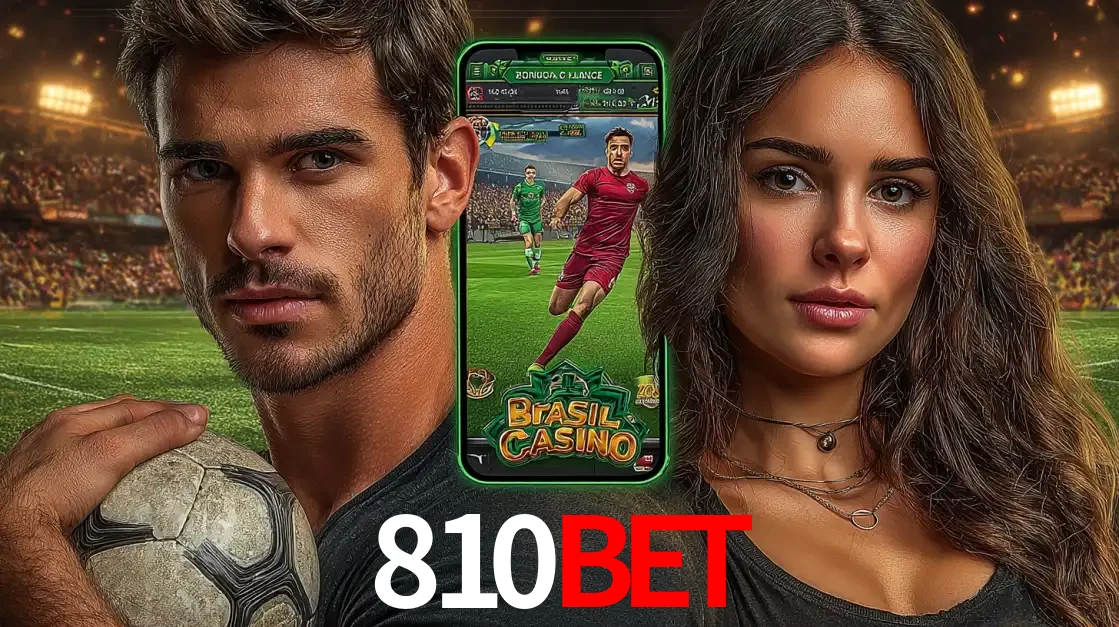 Homem segurando uma bola de futebol e uma mulher ao lado de um smartphone exibindo o jogo de apostas esportivas da 810bet. Faça seu palpite no cassino online.